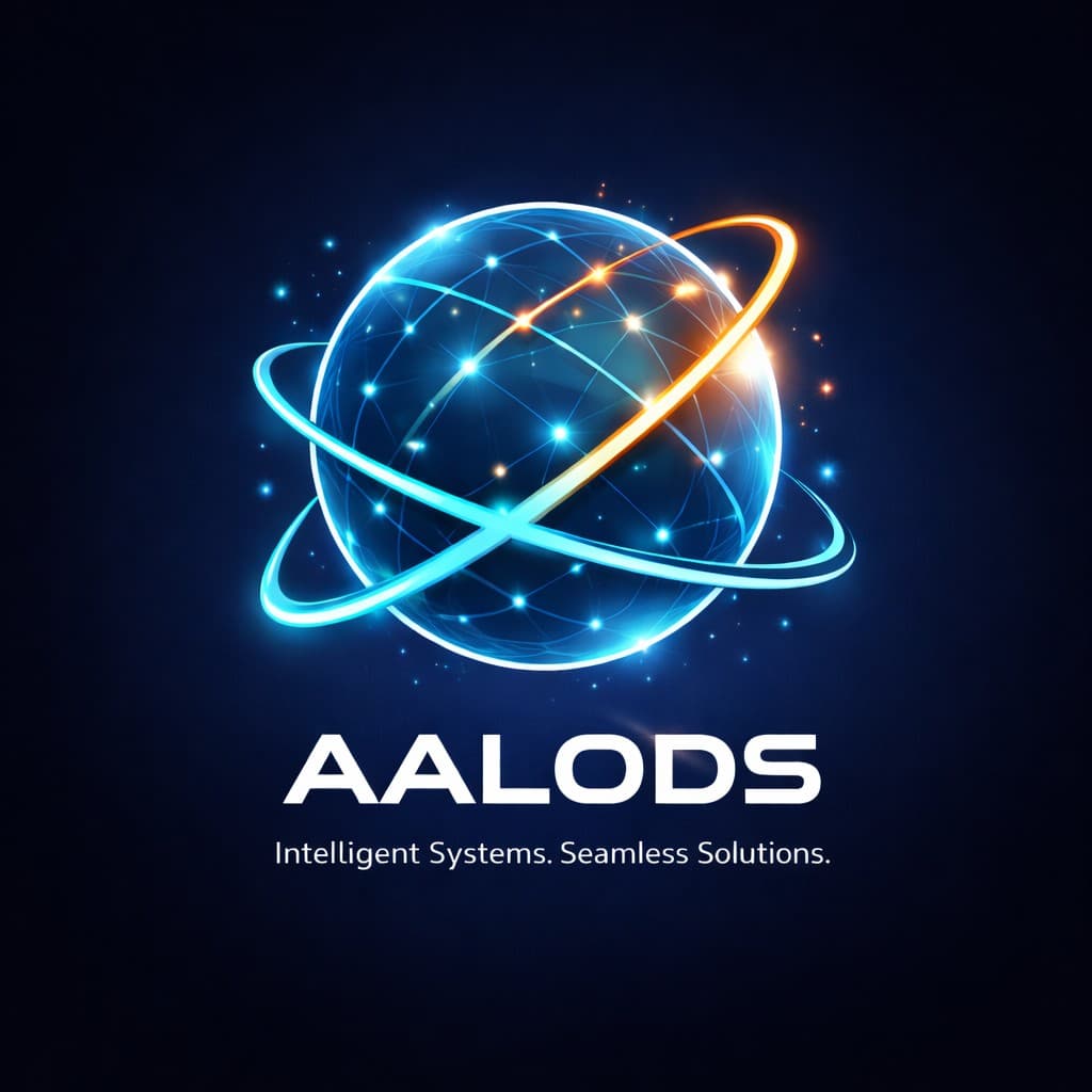 AALODS — intelligent systems branding: network globe with orbital rings on a dark background.