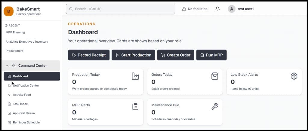 BakeSmart operations dashboard: bakery MRP-style UI with metrics and quick actions.